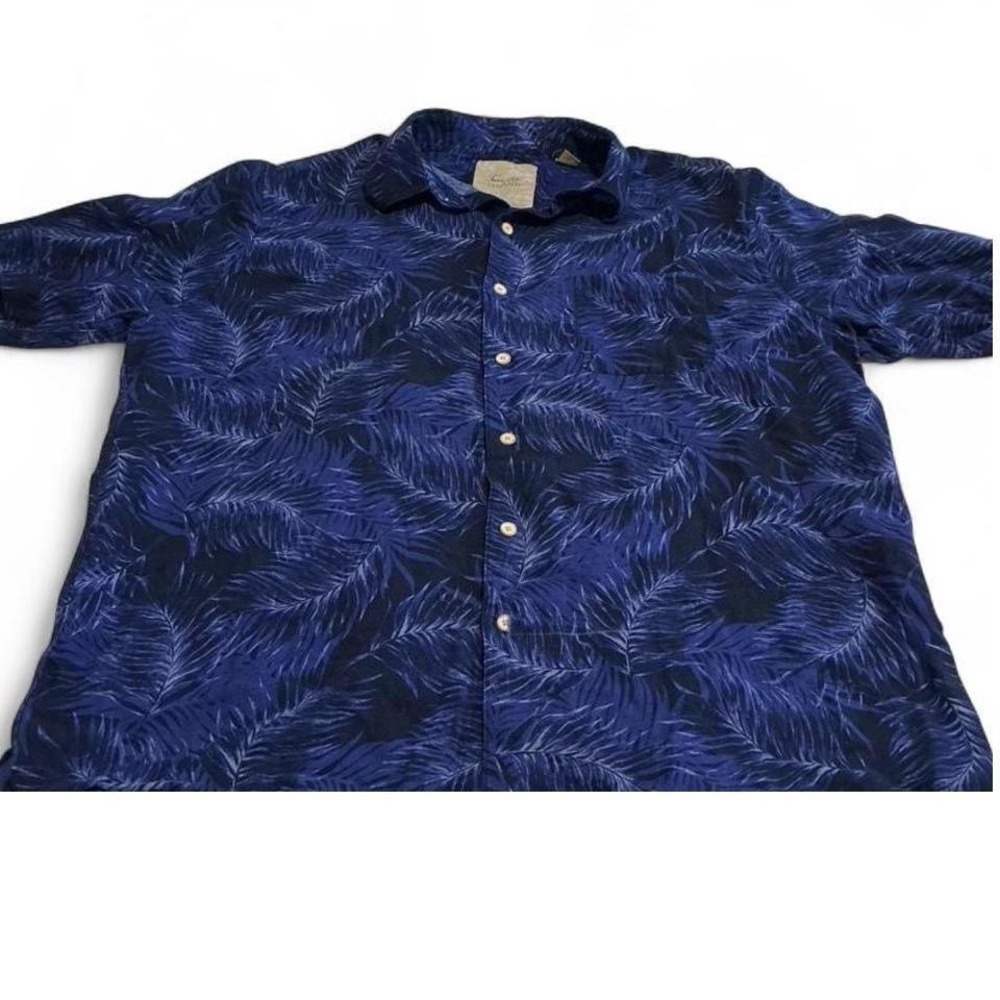 Tasso‎ Elba Island Shirt Mens Large Blue Silk Linen Tropical Palm Leaf Excellent